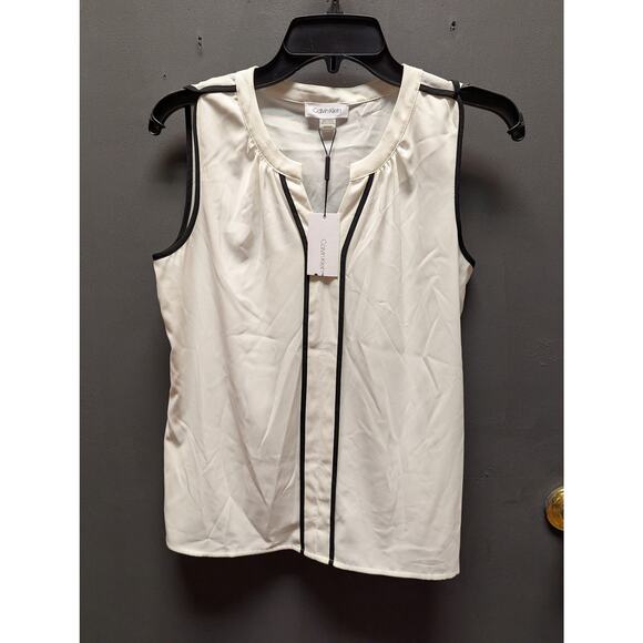 Calvin Klein Chiffon tunic top SMALL white black trim Sleeveless casual NWT - Picture 1 of 4
